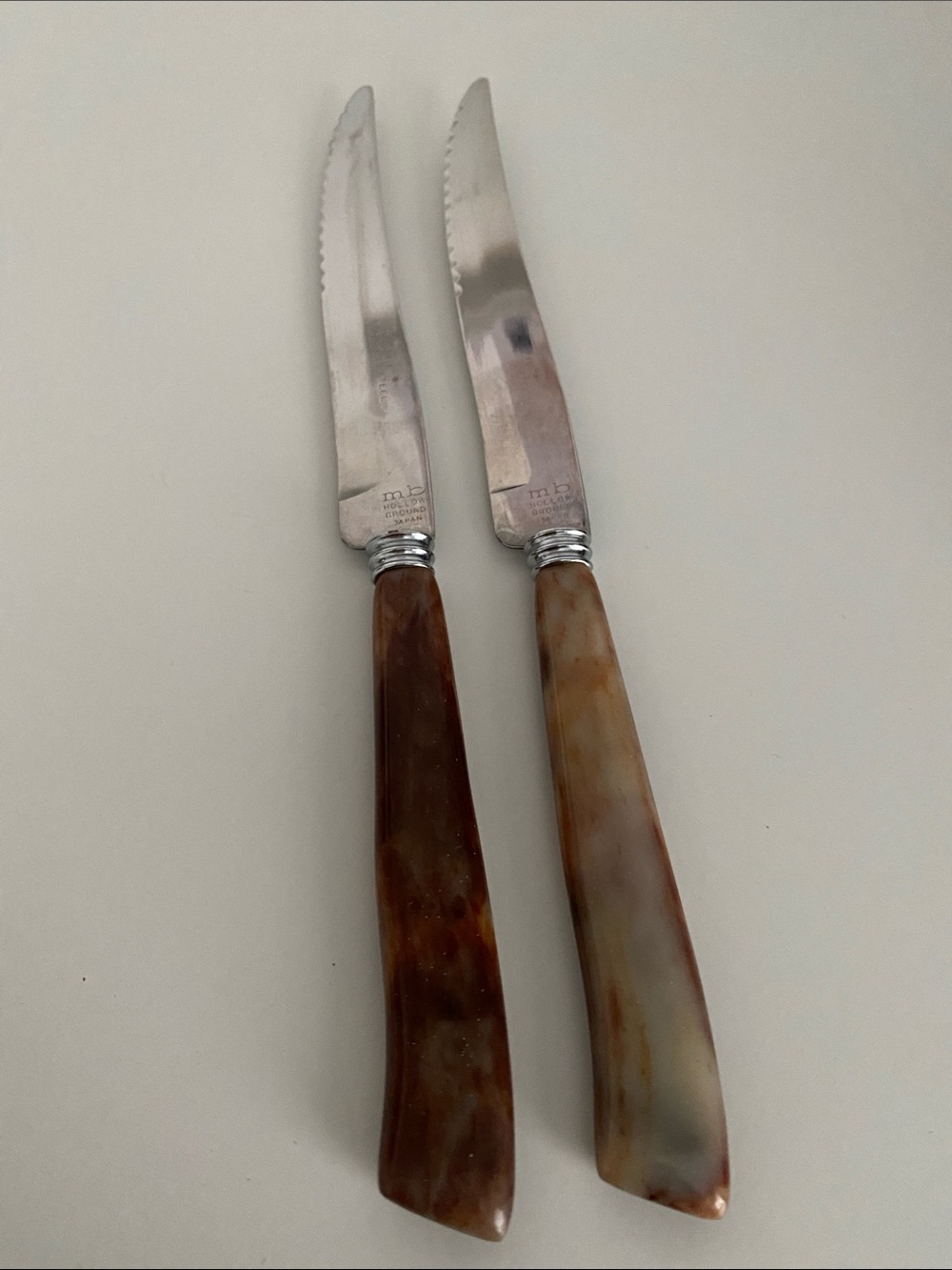 Vintage Steak Knife Set with Brown Marbled Handles - Pair